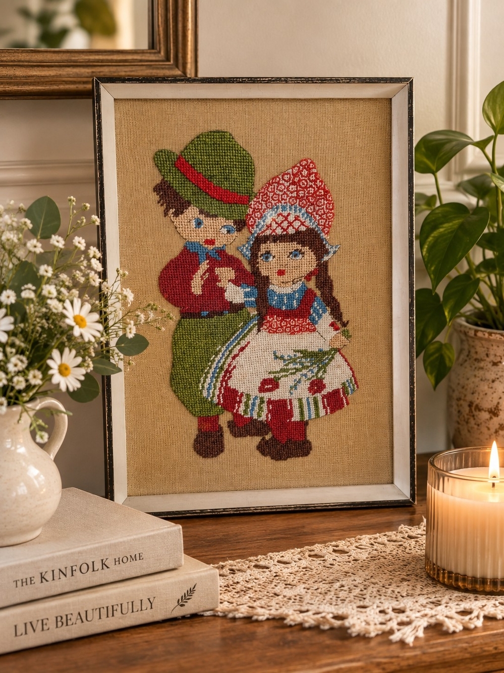 Vintage-Inspired Framed Folk Children Needlepoint - Green & Red